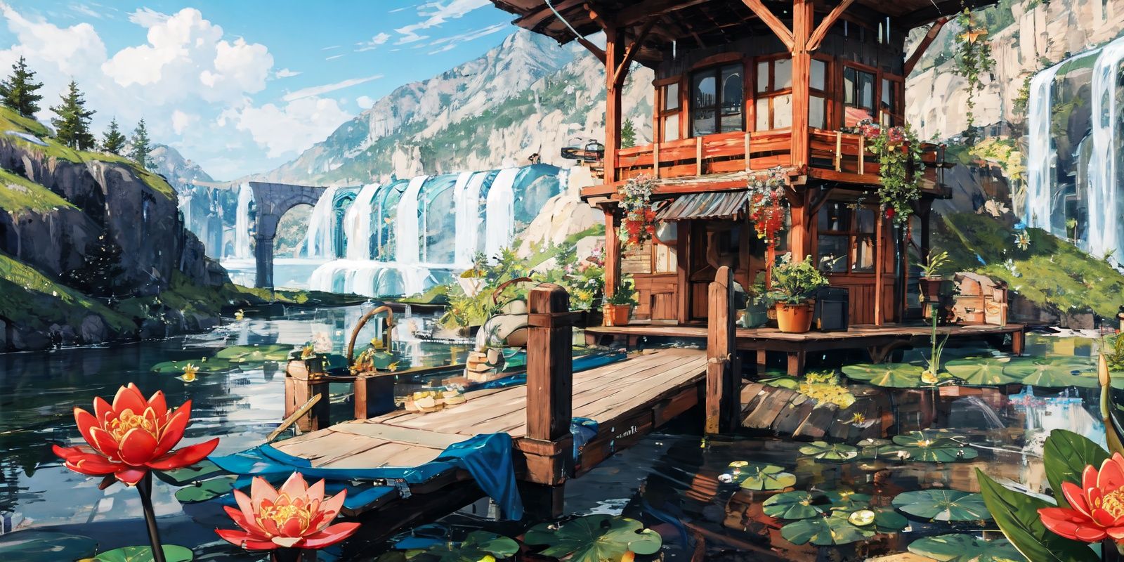(masterpiece:1.2), best quality,fantasy,scenery, from above, water, no humans, flower, lily pad, outdoors, rock, food <lora:UE_20230717224732-000003:0.6>