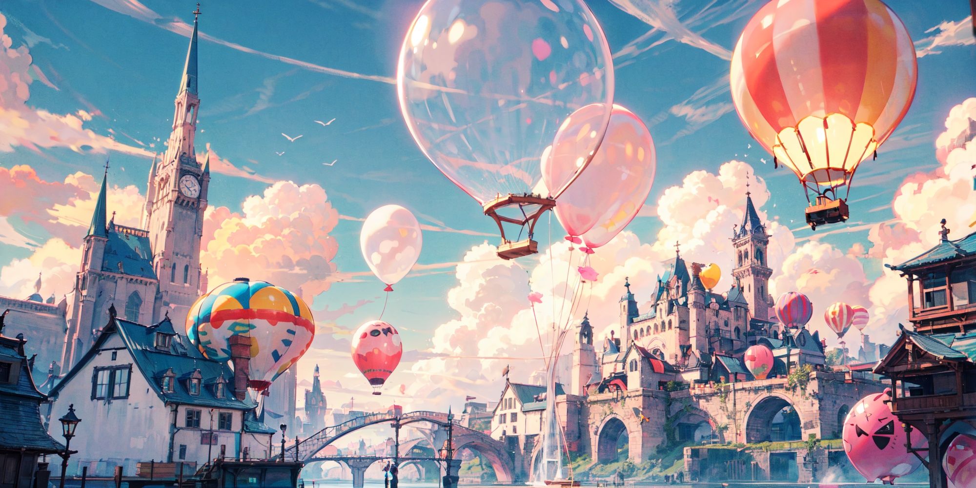 (masterpiece:1.2), best quality,fantasy,giant pink balloon,cities floating on balloons,magnificent clouds,pink theme, <lora:UE_20230717224732-000003:0.6>