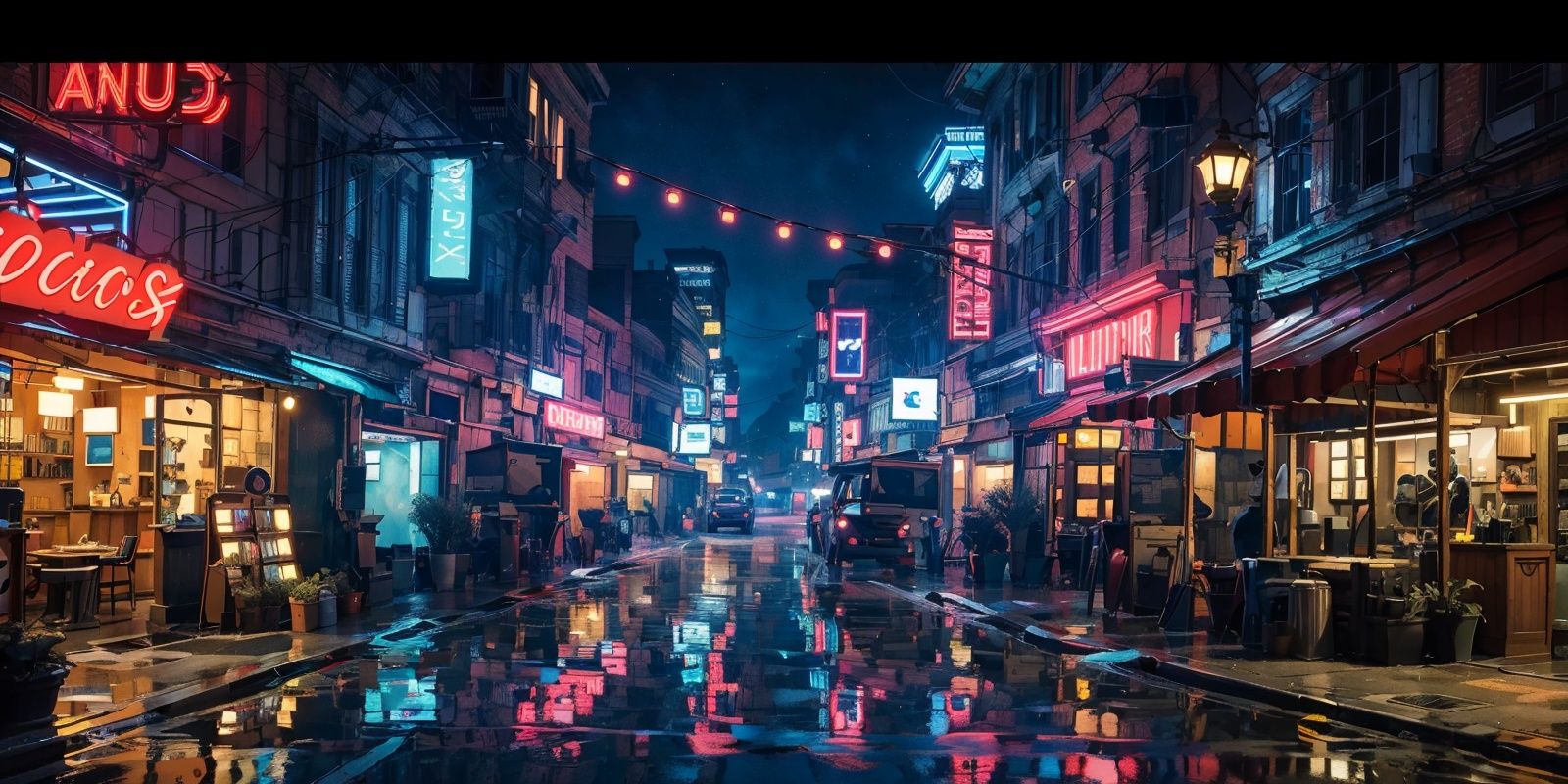 (masterpiece:1.2), best quality,fantasy,letterboxed, scenery, neon lights, outdoors, city, sign, building, night, ground vehicle <lora:UE_20230717224732-000003:0.6>
