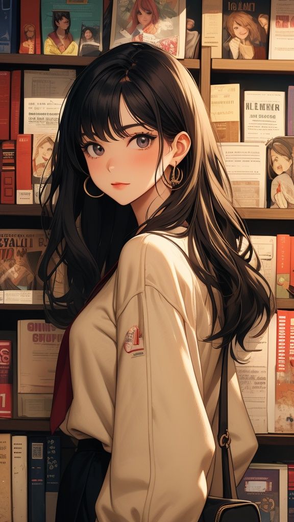 earrings, long_hair, photo_\(object\), 1girl, jewelry, solo, bookshelf, black_hair, looking_at_viewer, poster_\(object\), book, picture_frame<lora:gff:0.6>