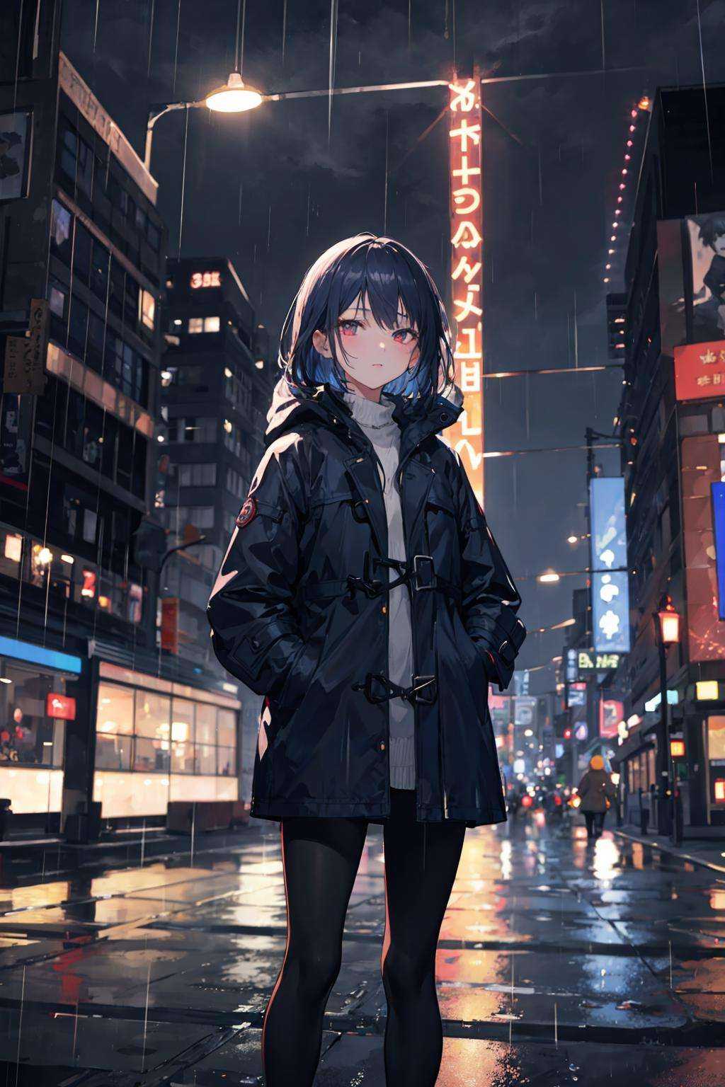 1girl,  night city,  rain on Tensor.Art
