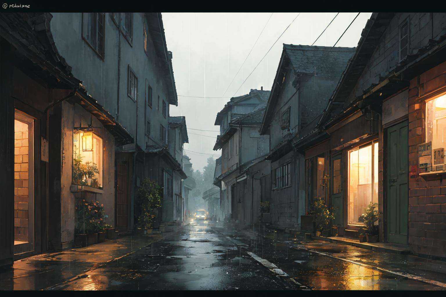 raining night ,  village road on Tensor.Art