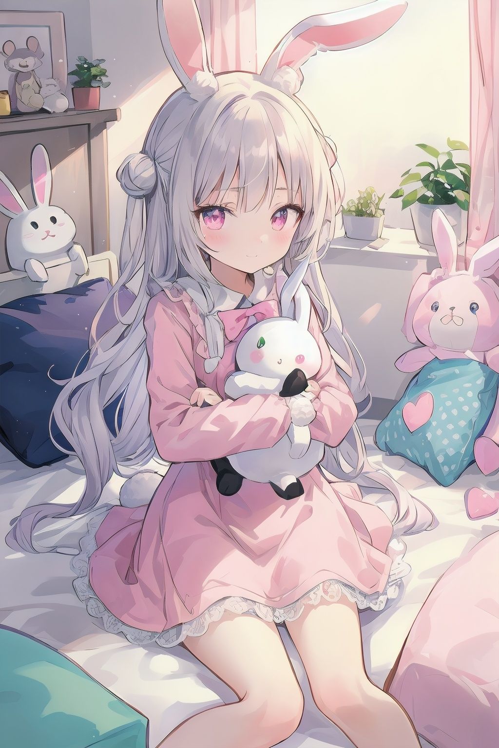 beautiful illustration, best quality, cute girl, loli, bedroom, pastel color, fluffy bunny ears, petite, silver long hair, rabbit stuffed toy, bright lighting, light pink eyes