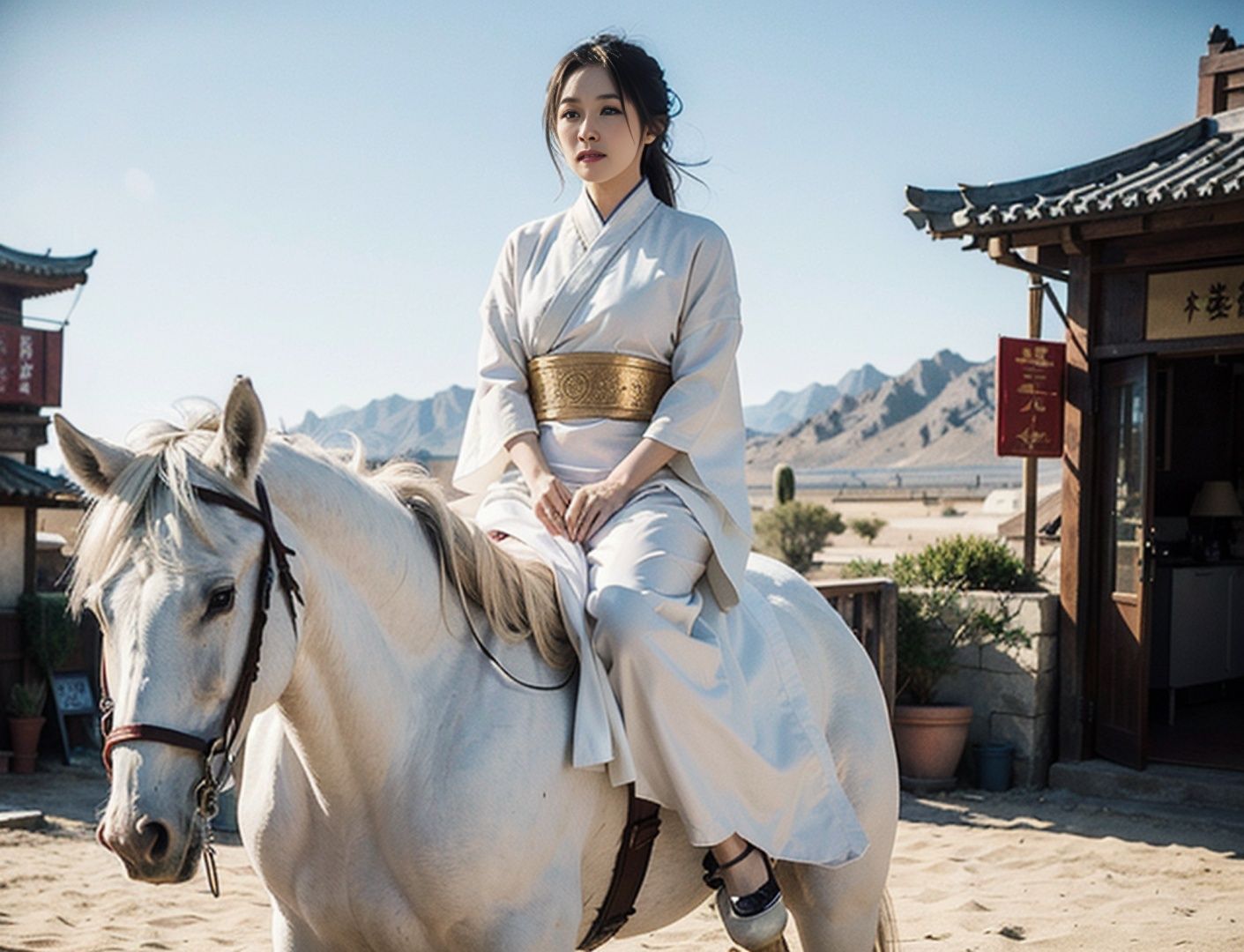 1 handsome bald monk，Wearing White robe，Chinese Hanfu，Riding a huge and strong white horse，Chivalrous style，Bright eyes，White mist，A desert，Golden light，Outdoors，exquisit facial detail，in the style of influenced by ancient chinese art，A desert，dunhuang，ancient buildings，Elaborate landscape，globalillumination，Zhang Yimou - ar 16:9 - Q 2 - V 5.1，（strong winds：1.5），Shunguang（The sun shines on the body：1.3），（Gale sand：1.1），（strong winds：1.5），，high detal，tack sharp focus，Ultra-detailed face and eyes，32K，best qualtiy，Bokeh，softlighting，Natural soft light，