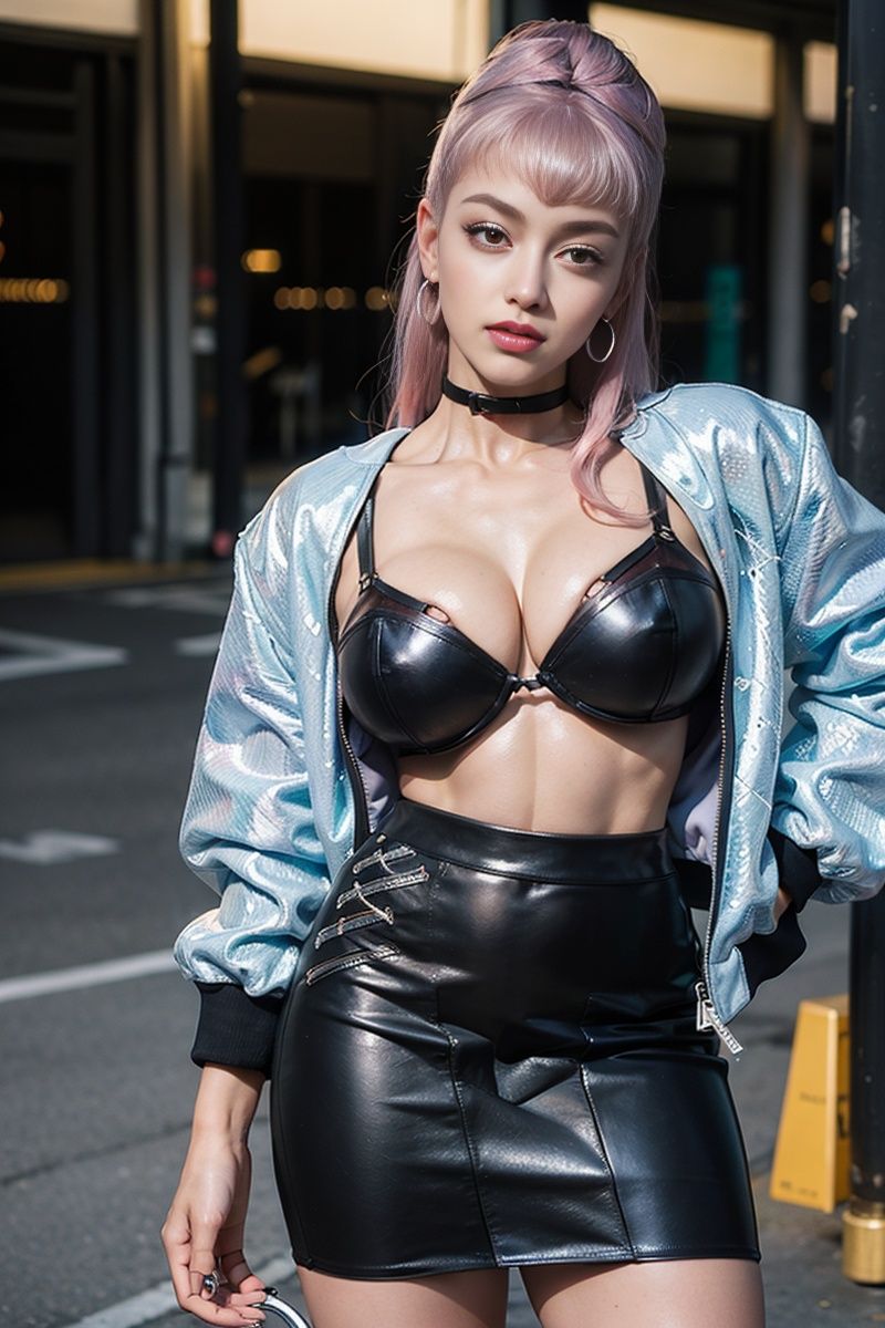 ((Masterpiece)),((Best Quality)),8K,High Detailed,Ultra-Detailed,EvelynnAO, skirt, top, jacket, ultra realistic 8k cg, HDR, beautiful detailed glow, perfect artwork, masterpiece, picture-perfect face, perfect face, beautiful face, ((perfect female body)), mature female, narrow waist, ((intricate detail, delicate pattern)), delicate pattern, intricate detail,(huge breasts:1.2),(bodybuilder:1.1,full body,Pink hair,