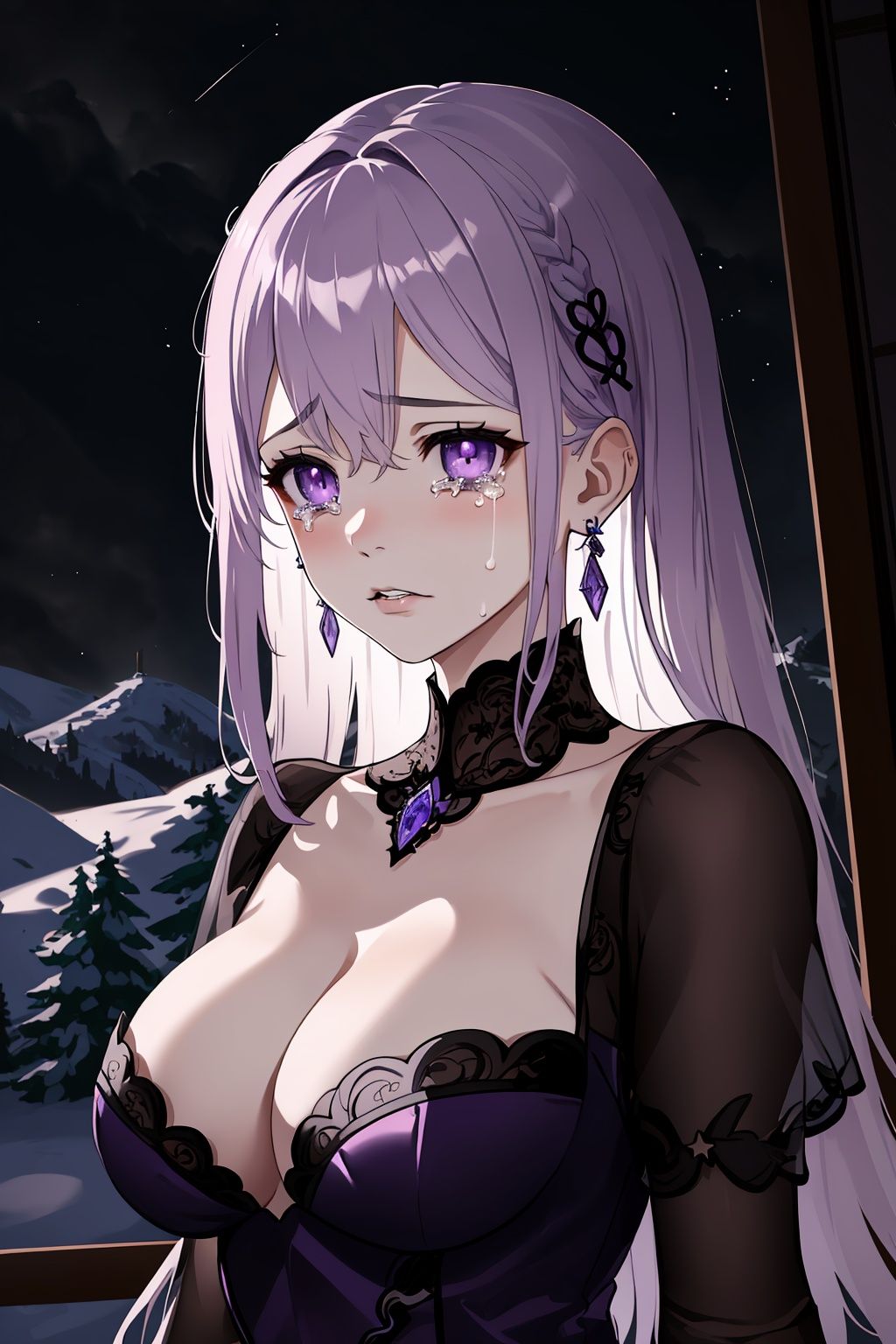 masterpiece, top quality, highly detailed cg unity 8k wallpaper, one girl, beautiful purple eyes, wavy silver hair, crying,
 teary eyes, stare at viewer, delicate goth evening dress, detailed lace and decorative borders, detailed lace gloves,
 detailed jewelry necklace, jewelry earrings, hair clips, snow, fog, purple gardens, grand palaces, mountains, forests,
 night, detailed colorful starry sky, cinematic lighting, Ultra wide depth of field, oil painting