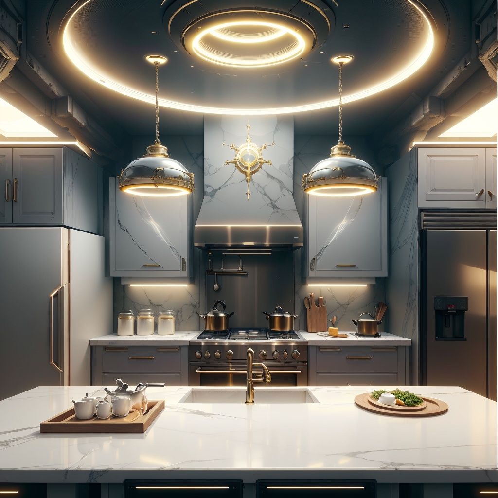 <lora:BlessedTech-20:0.8>, blessedtech ,   holy aura , scifi, kitchen, no humans,