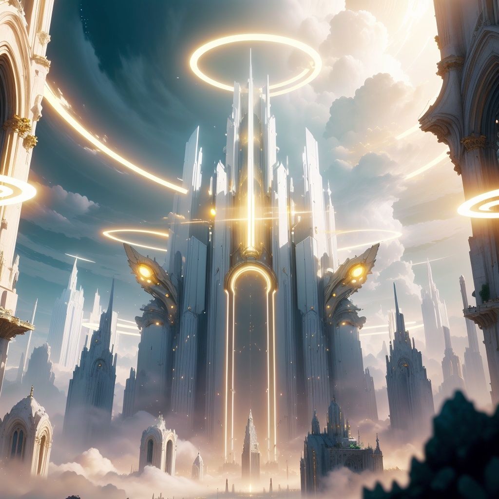 <lora:BlessedTech-20:0.8>, blessedtech ,   holy aura , scifi, city
