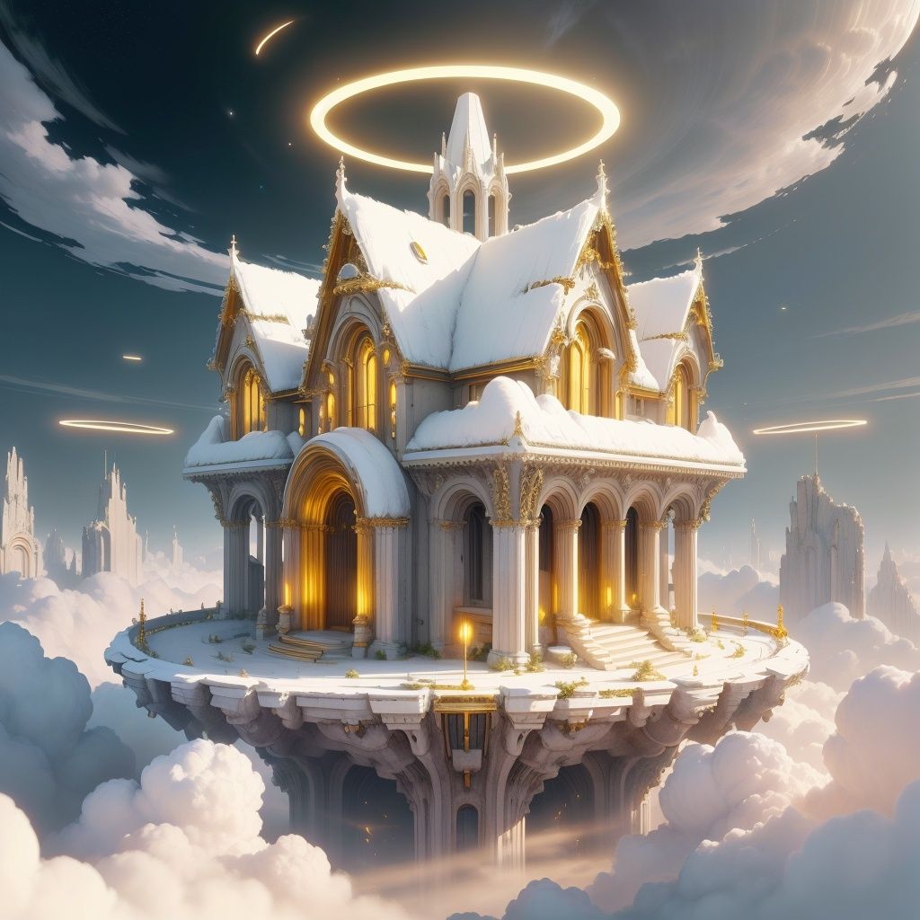 <lora:BlessedTech-20:0.8>, blessedtech ,holy, scifi,house on a hill,golden 