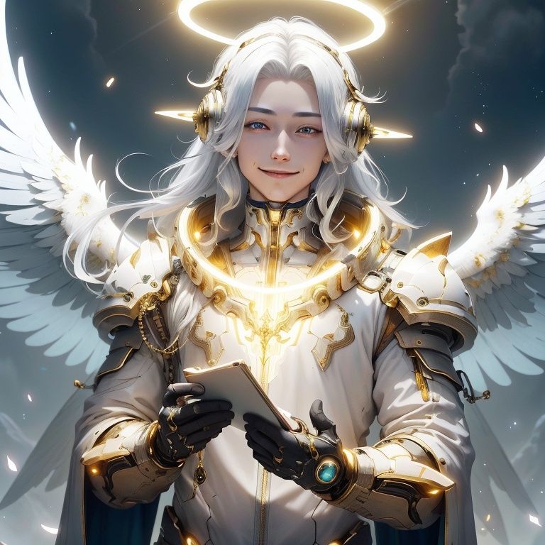 <lora:BlessedTech-20:0.8>, blessedtech ,   holy aura , scifi,scholar , scroll, 1boy,long hair, blue skin,white hair, glowing eyes, smile ,closed mouth,