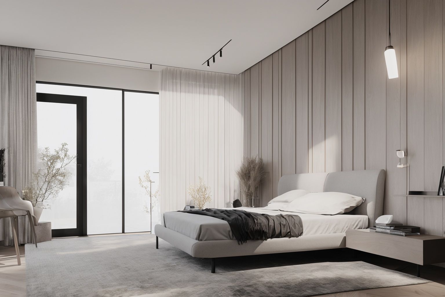DIA designed bedroom with white latex paint on the ceiling, light grey hard pack on the bed background, dark grey wood flooring, only a little metal and glass, amazing sunlight lighting through the windows, fog, vivid colors, photo grade rendering, realistic style, 8K, high resolution, highly detailed, ray tracing, vray rendering, masterpiece, best quality, visual rendering by Mir. and Brick.   <lora:lwsn-muse:0.9>, (8k, RAW photo, best quality, masterpiece:1.2), (realistic, photo-realistic:1.3)