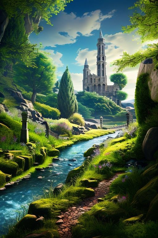 (((best quality))),single build,architecture, blue_sky, building,cloudy_sky, day, fantasy, fence, field, house, build,architecture,landscape, moss, outdoors, overgrown, path, river, road, rock, scenery, sky, sword, tower, tree, waterfall,   <lora:enviromentv02:1>