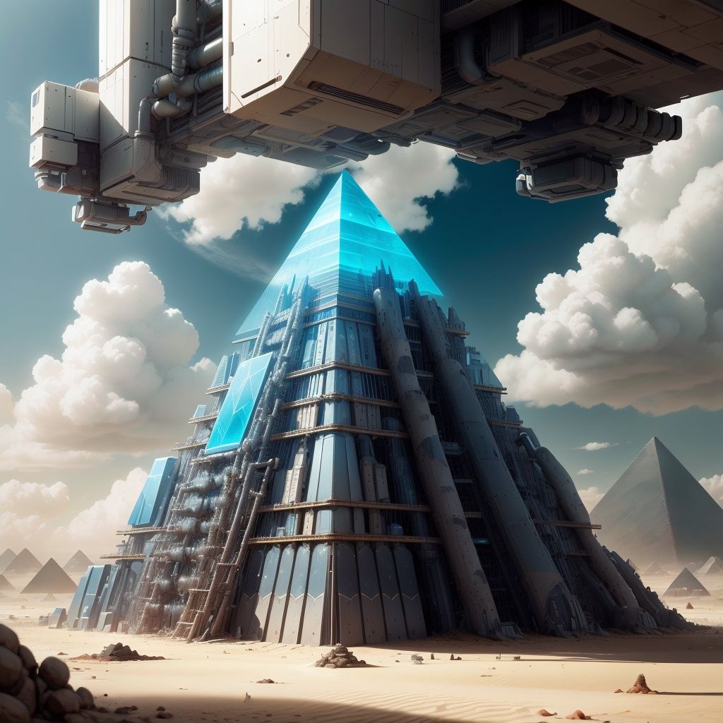 <lora:PastTech-20:0.8>,plasttech,synthetic, scifi, pyramid \(structure\), cloudy sky , desert ,