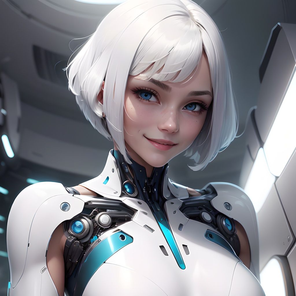 <lora:NeoFuturisticTech-20:0.8>,neotech,sleek,  scholar , scroll, 1girl,long hair, blue skin,white hair, blue eyes, smile ,closed mouth,  bob cut, 