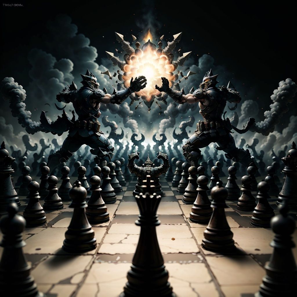 <lora:ChessGame-20:0.7>, chsworld,  piece , army, war, explosions, 