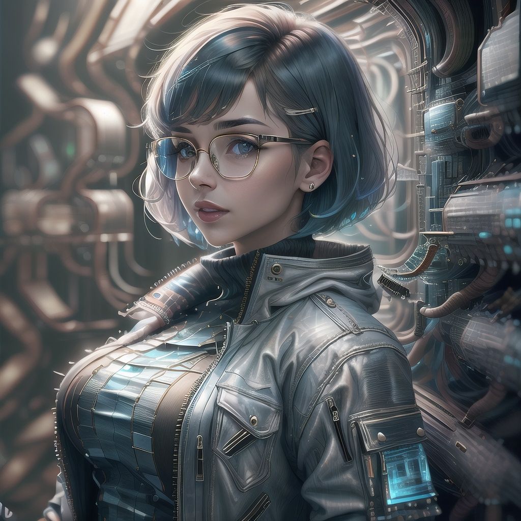 <lora:GlassTech-20:1.4>, glasstech , woman in a jacket, concept art,bob cut, glasses, 