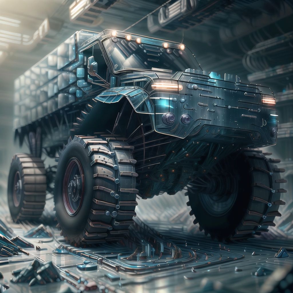 <lora:GlassTech-20:1.4>, glasstech , monster truck ,scifi