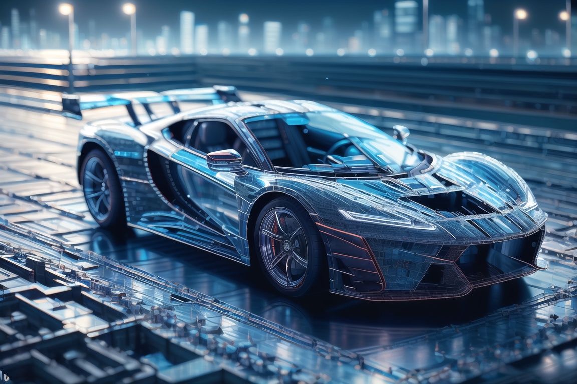 masterpiece,car, ground_vehicle ,  vehicle_focus,  sports car, highway, light trail, <lora:GlassTech-20:1.2>, glasstech ,   scifi,   chromatic aberration, city lights,  illustration, 
