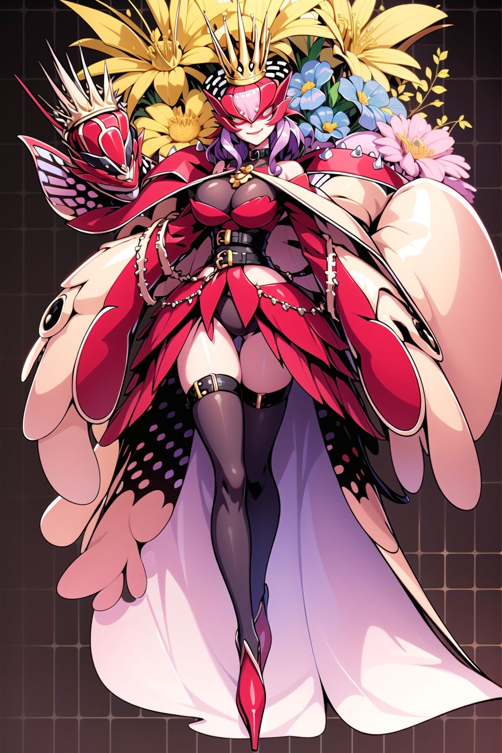 Rafflesimon, 1girl, solo, helmet, breasts, high heels, full body, purple hair, dress, mask, thighhighs, large breasts, standing, smile, belt, crown, closed mouth, puffy long sleeves, yellow skin, floral background, 