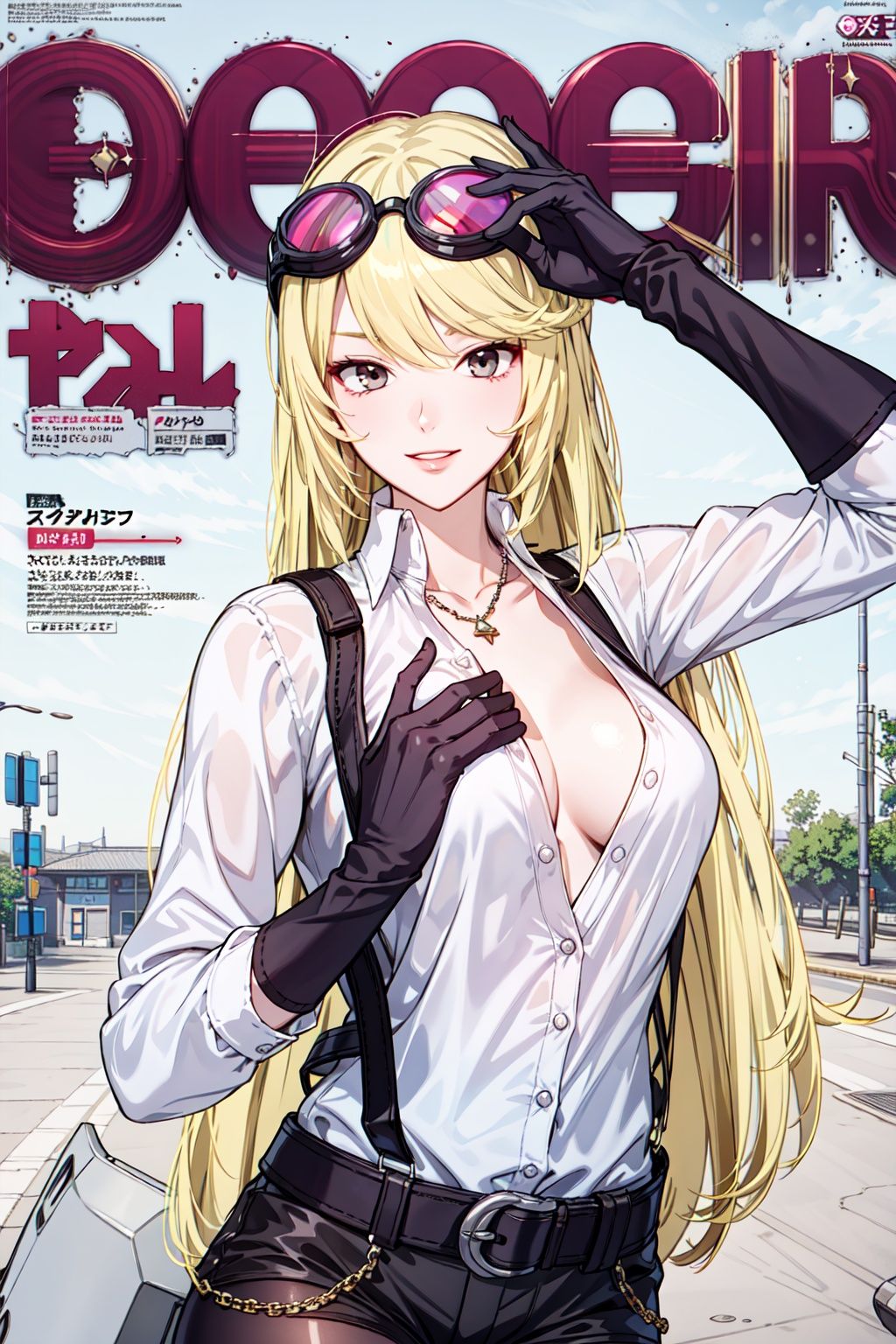 best quality, ultra detailed, masterpiece, illustration, (Magazine cover-style illustration of a fashionable woman in a vibrant outfit), posing in front of a colorful and dynamic background. She has a confident expression and is holding a statement accessory, The text on the cover should be bold and attention-grabbingsmall breasts, with the title of the magazine and a catchy headline. The overall style should be modern and trendy, with a focus on fashion and lifestyle, ray tracing, depth of field, upper body, 
Alphamon, 1girl, solo, black gloves, blonde hair, shirt, looking at viewer, white shirt, eyewear on head, bike shorts, breasts, bangs, long sleeves, goggles, black shorts, cowboy shot, belt, sunglasses,