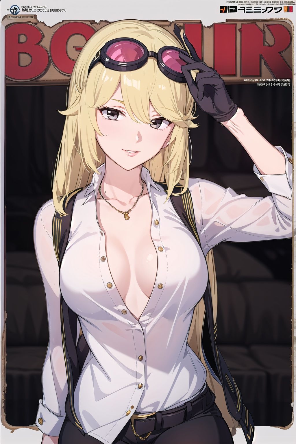 best quality, ultra detailed, masterpiece, illustration, (Magazine cover-style illustration of a fashionable woman in a vibrant outfit), posing in front of a colorful and dynamic background. She has a confident expression and is holding a statement accessory, The text on the cover should be bold and attention-grabbingsmall breasts, with the title of the magazine and a catchy headline. The overall style should be modern and trendy, with a focus on fashion and lifestyle, ray tracing, depth of field, upper body, 
Alphamon, 1girl, solo, black gloves, blonde hair, shirt, looking at viewer, white shirt, eyewear on head, bike shorts, breasts, bangs, long sleeves, goggles, black shorts, cowboy shot, belt, sunglasses,