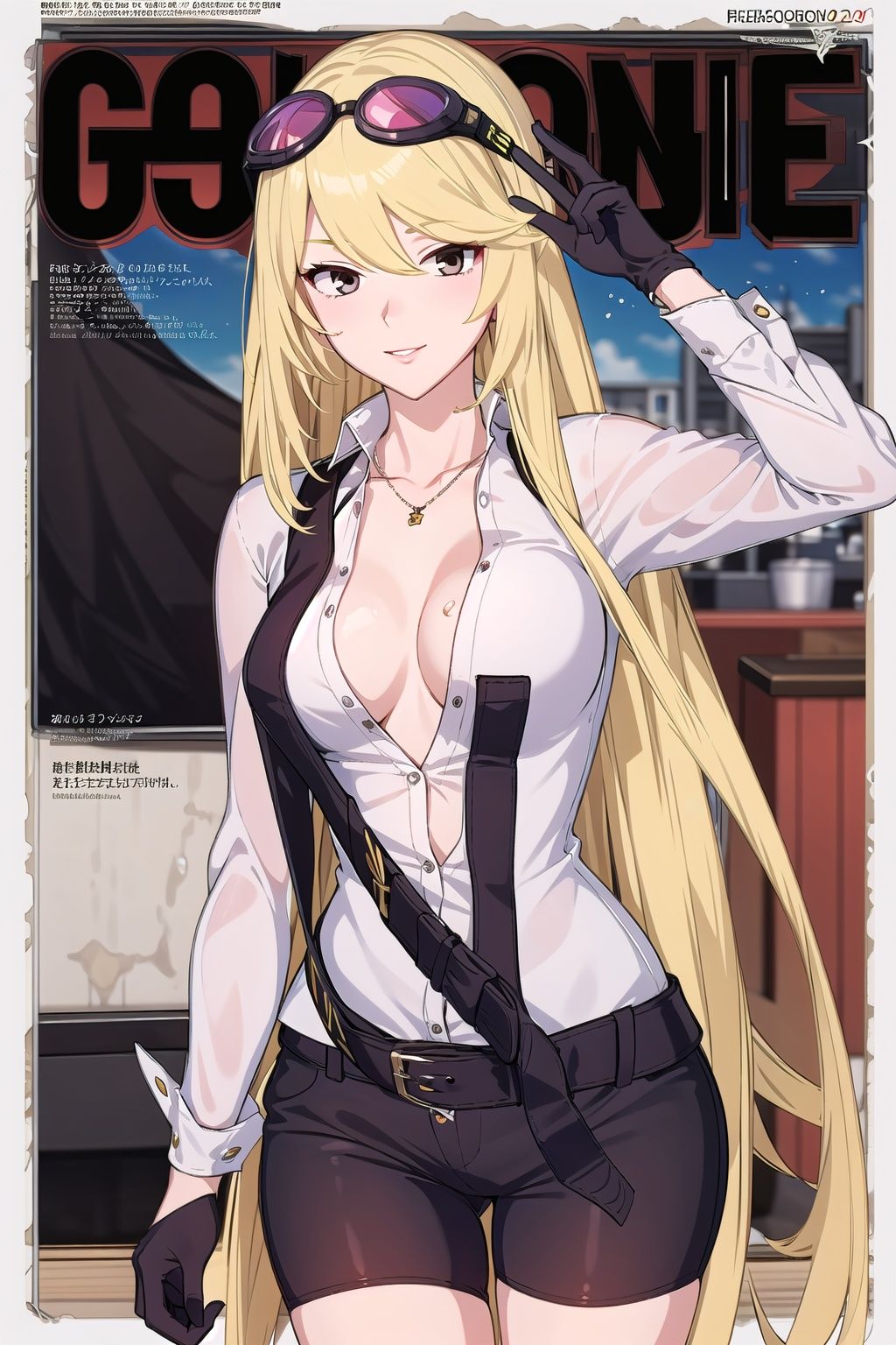 best quality, ultra detailed, masterpiece, illustration, (Magazine cover-style illustration of a fashionable woman in a vibrant outfit), posing in front of a colorful and dynamic background. She has a confident expression and is holding a statement accessory, The text on the cover should be bold and attention-grabbingsmall breasts, with the title of the magazine and a catchy headline. The overall style should be modern and trendy, with a focus on fashion and lifestyle, ray tracing, depth of field, upper body, 
Alphamon, 1girl, solo, black gloves, blonde hair, shirt, looking at viewer, white shirt, eyewear on head, bike shorts, breasts, bangs, long sleeves, goggles, black shorts, cowboy shot, belt, sunglasses,