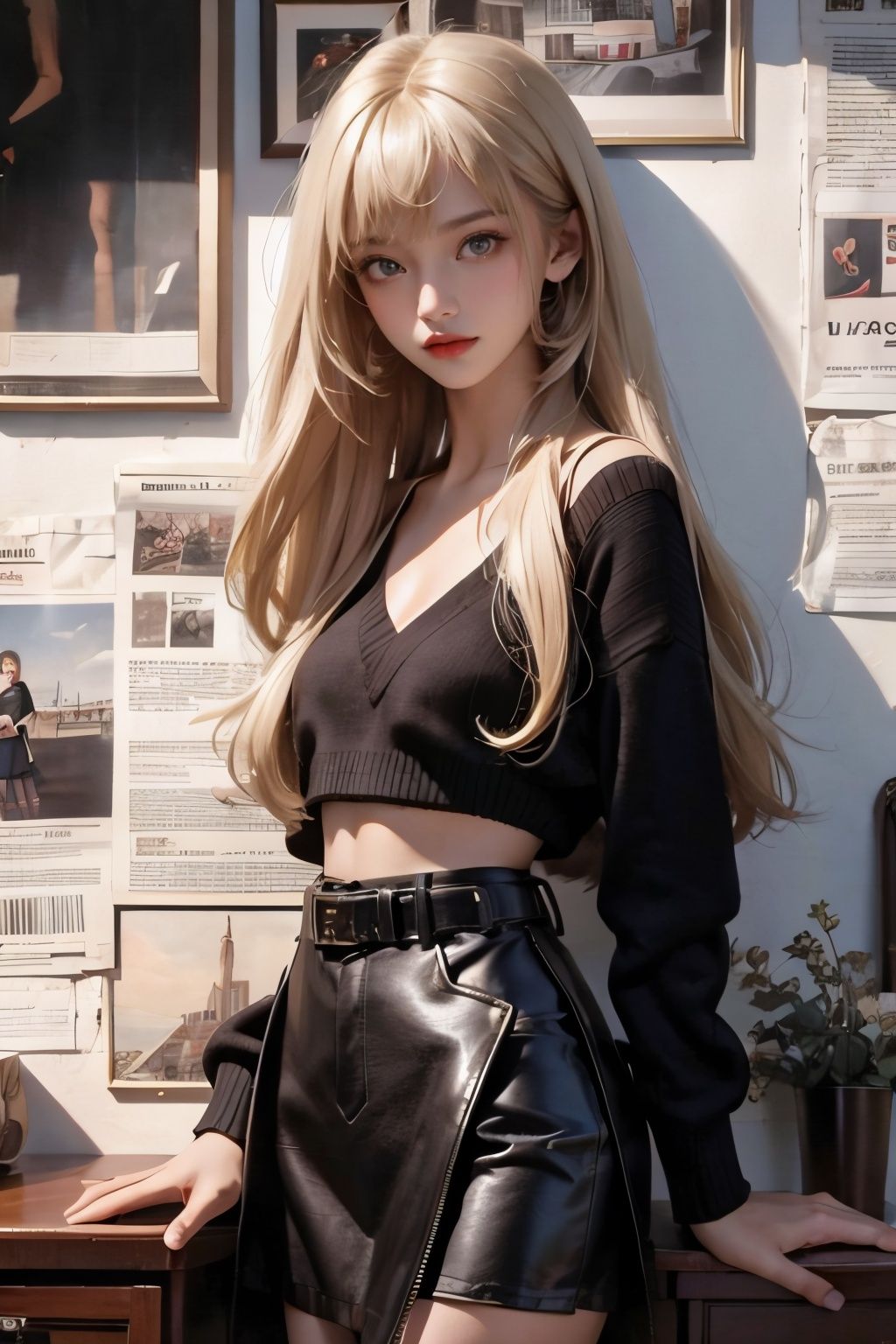 1girl,long hair, blonde hair, bangs, black sweater,v-neck,leather skirt,black thighhighs, brown eyes,standing, midriff,belt,morning_light,newspaper, newspaper wall,((masterpiece, best quality, highly detailed, goodcomposition)),