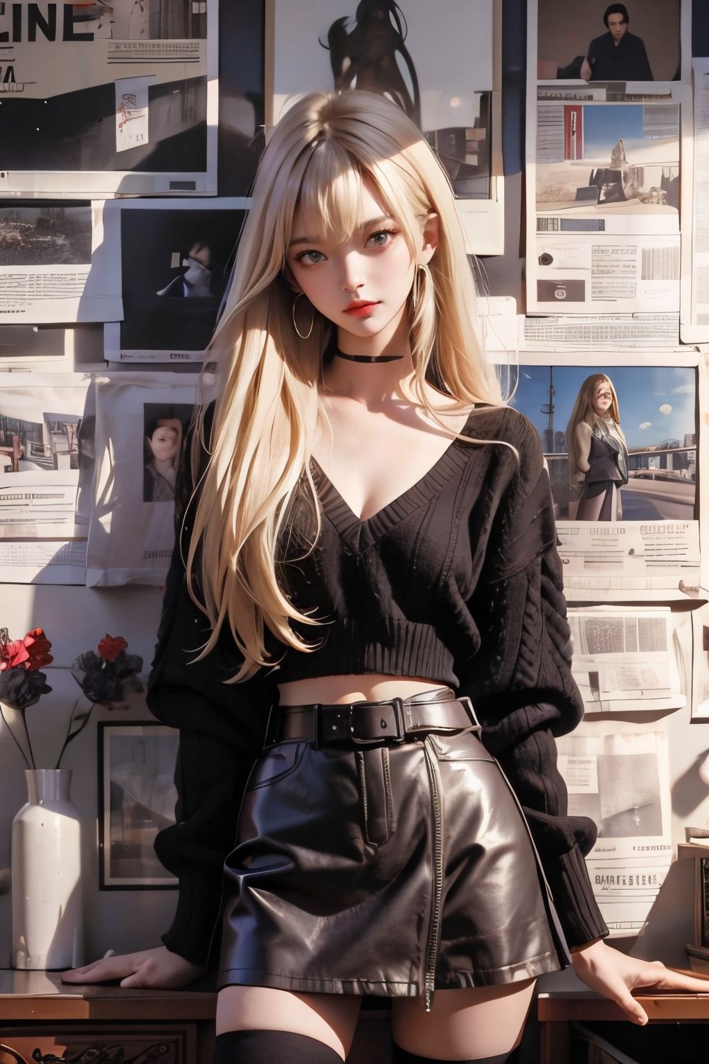 1girl,long hair, blonde hair, bangs, black sweater,v-neck,leather skirt,black thighhighs, brown eyes,standing, midriff,belt,morning_light,newspaper, newspaper wall,((masterpiece, best quality, highly detailed, goodcomposition)),