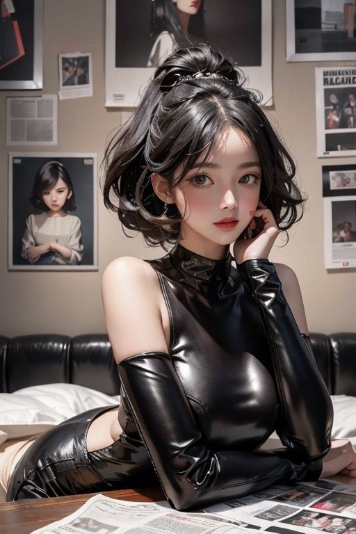 masterpiece, best quality, 1girl ((newspaper background)), black hair, floating hair, blush, looking at viewers, glossy leather oversised outfit, happy, ((side)),whole body, laying on bed, (studio light), soft light, dark style, night style

