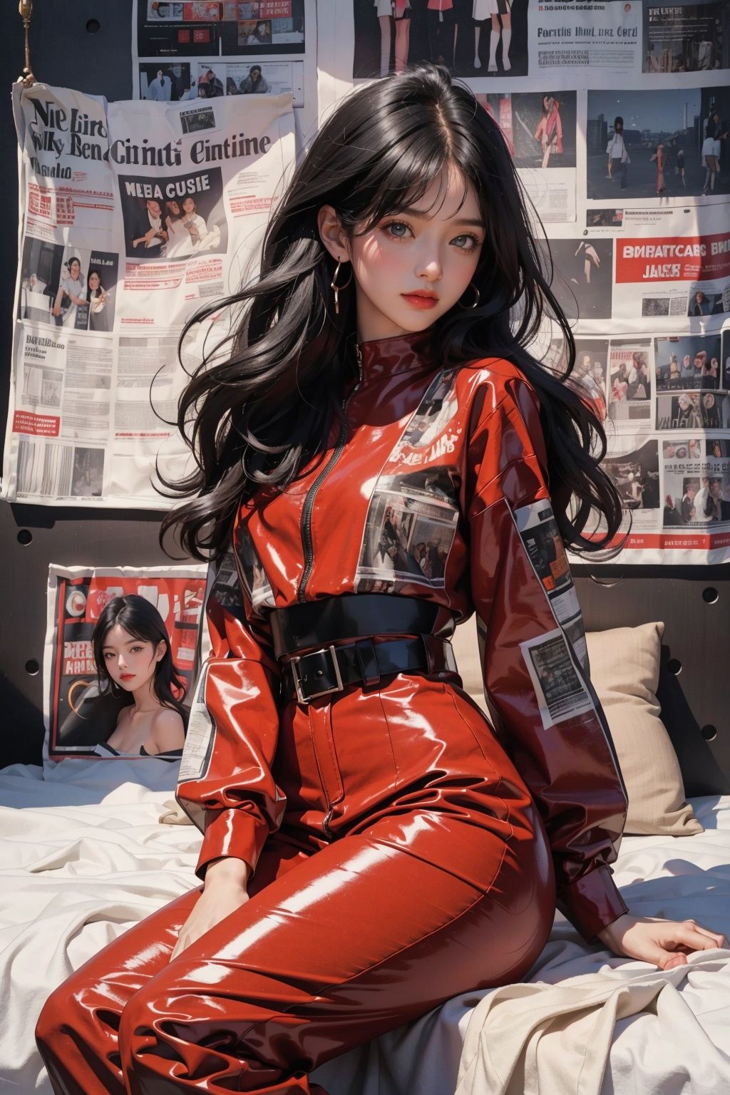 masterpiece, best quality, 1girl ((newspaper background)), black hair, floating hair, blush, looking at viewers, glossy leather oversised outfit, happy, ((side)),whole body, laying on bed, (studio light), soft light, dark style, night style
