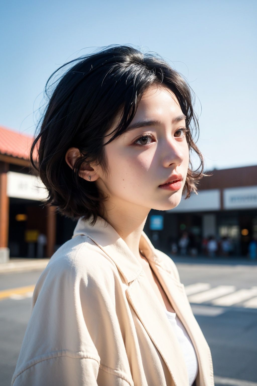  1girl, solo, blurry background, black hair, outdoors, light on face, blurry, black eyes, upper body, lips, day, sky, realistic, blue sky, shirt, white shirt, short hair, jacket, closed mouth, looking to the side, 
