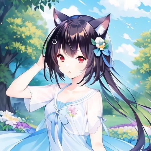 1girl,  <lora:Yousa_LemonV2-System.Byte[]:1>, red eyes, cat  ears, in  summer, oasis, flower  field, best quality, Highly detailed, ultra-fine painting