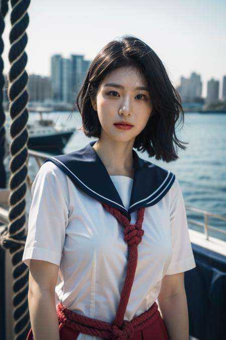 (ultra photorealistic:1.4),extremely high quality high detail color photo,high detailed skin,8k,noble face,Fujifilm X-T5,((pure background :1.2)),(Perfect female body:1.2),(upper body:1.3),1gril,(big breasts:1.2),marine style, nautical stripes, navy blue, white, boat shoes, sailor-inspired clothing, anchor motifs, rope accessories<lora:辛睿恩198:1>