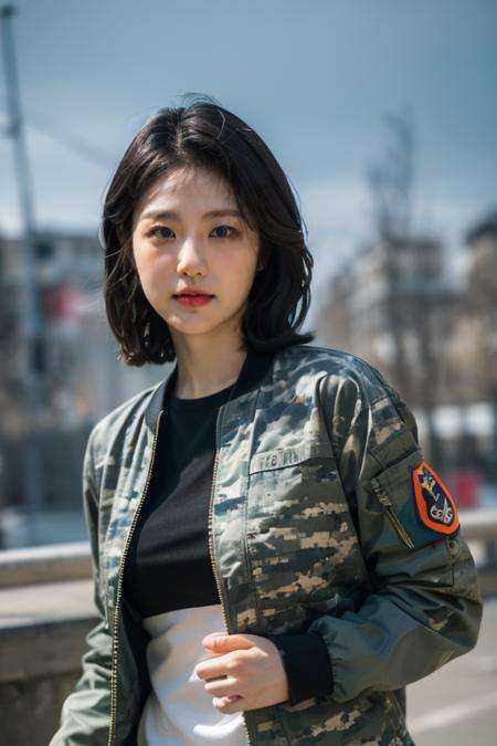 (ultra photorealistic:1.4),extremely high quality high detail color photo,high detailed skin,8k,noble face,Fujifilm X-T5,((pure background :1.2)),(Perfect female body:1.2),(upper body:1.3),1gril,(big breasts:1.2),military style, camouflage patterns, cargo pants, bomber jackets, combat boots, dog tags,<lora:辛睿恩198:1>