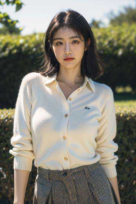 (ultra photorealistic:1.4),extremely high quality high detail color photo,high detailed skin,8k,noble face,Fujifilm X-T5,((pure background :1.2)),(Perfect female body:1.2),(upper body:1.3),1gril,(big breasts:1.2),preppy style, collared shirts, khaki pants, cable knit sweaters, loafers, blazers, plaid skirts<lora:辛睿恩198:1>