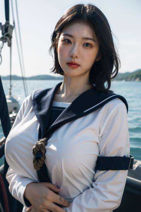 (ultra photorealistic:1.4),extremely high quality high detail color photo,high detailed skin,8k,noble face,Fujifilm X-T5,((pure background :1.2)),(Perfect female body:1.2),(upper body:1.3),1gril,(big breasts:1.2),marine style, nautical stripes, navy blue, white, boat shoes, sailor-inspired clothing, anchor motifs, rope accessories<lora:辛睿恩198:1>