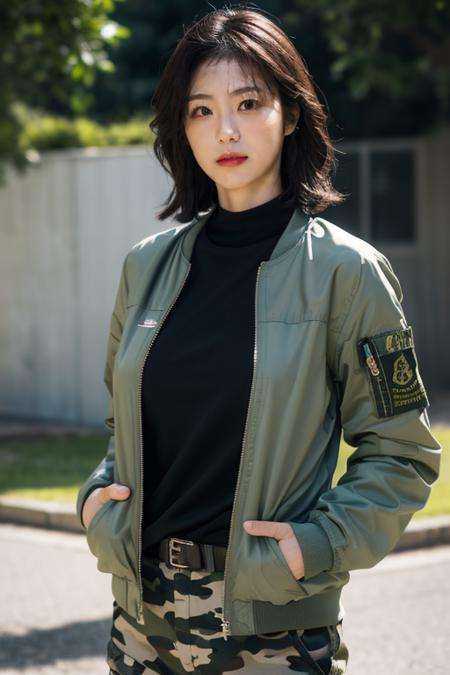 (ultra photorealistic:1.4),extremely high quality high detail color photo,high detailed skin,8k,noble face,Fujifilm X-T5,((pure background :1.2)),(Perfect female body:1.2),(upper body:1.3),1gril,(big breasts:1.2),military style, camouflage patterns, cargo pants, bomber jackets, combat boots, dog tags,<lora:辛睿恩198:1>
