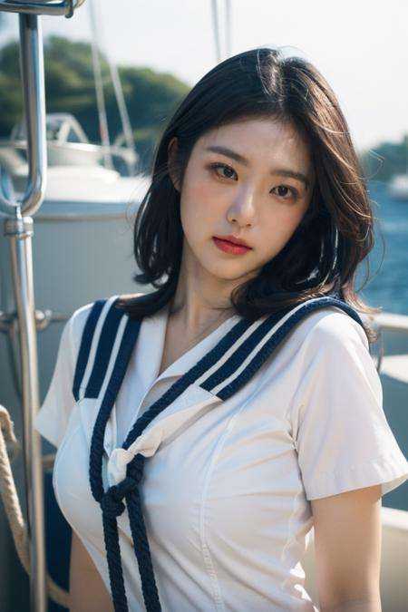 (ultra photorealistic:1.4),extremely high quality high detail color photo,high detailed skin,8k,noble face,Fujifilm X-T5,((pure background :1.2)),(Perfect female body:1.2),(upper body:1.3),1gril,(big breasts:1.2),marine style, nautical stripes, navy blue, white, boat shoes, sailor-inspired clothing, anchor motifs, rope accessories<lora:辛睿恩198:1>