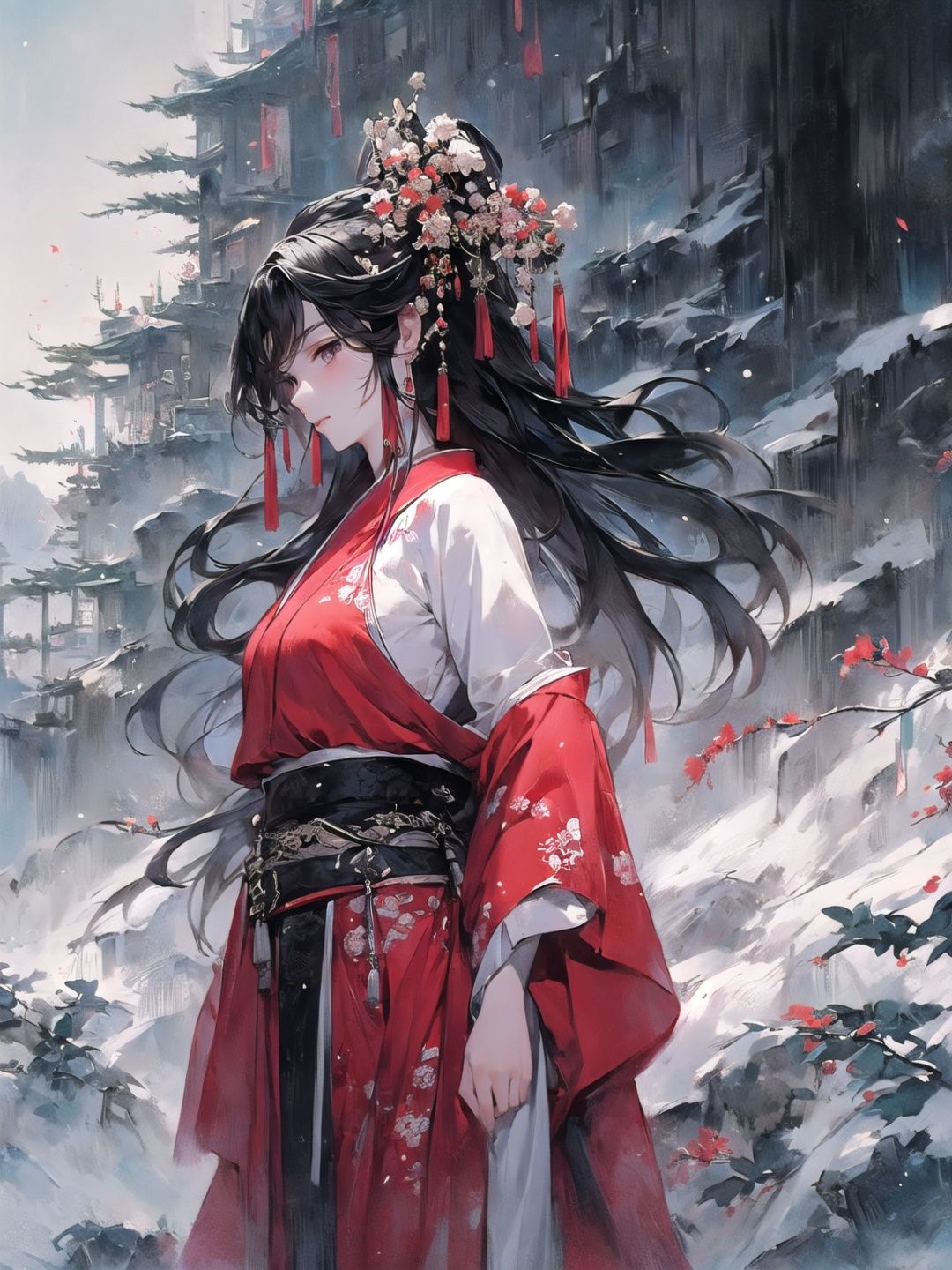 (masterpiece:1.2), best quality,PIXIV,Chinese ink painting,ink wash painting,(cowboy shot:1.2), 1girl, long hair, jewelry, solo, earrings,black hair,red cloth, mountain, Mountain paths, stone statues, stone paths, snow, plum blossoms