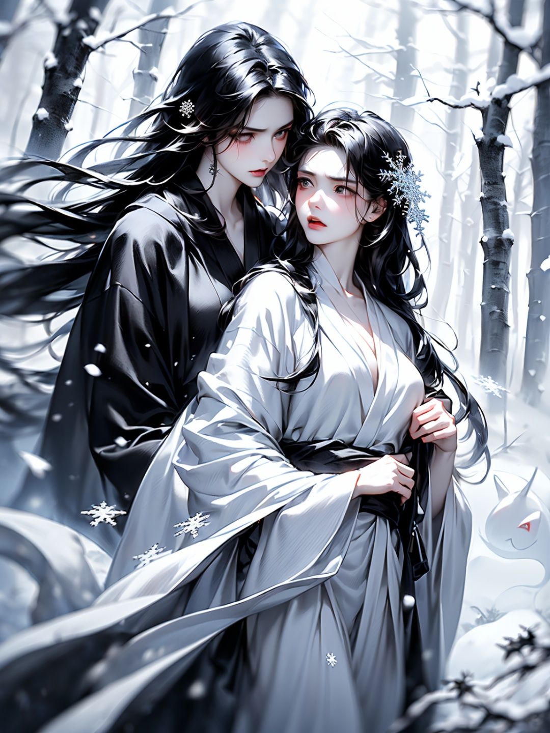 High quality, realistic, dark background, high-resolution, soft focus, (snowflake: 1.5), 1 girl, (mist: 1.5) (deep in the forest), (snowflake falling), (snowlight), (blizzard), (snowstorm), (ghost of a beautiful snowwoman, black long hair, white and silver bathrobes), anger, anger, melancholy, trembling black hair, shiny hair, glowing skin, beautiful and beautiful, charming, Chaos, Depth of Field, (Ghost: 1.5), (Lost in Anger, Forgetting Cold), (Arms Stretching Forward), (Monochrome: 1.5), (Black and White: 1.5)