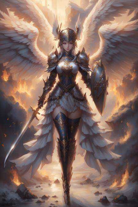 ((best quality)), ((masterpiece)), (detailed),1girl,solo,full body , <lora:AngelicWarriors_v1:0.7>,valkyrie,angel,valkyrie armor,angel wings,winged helmet, <lora:nvwushen-000006:0.4>, woman,gaodanvshen, <lora:UnlimitedBladeWorksv0.2:0.6>,[Sword:fire:0.3] and [Shield:ice:0.3],Sword and Shield