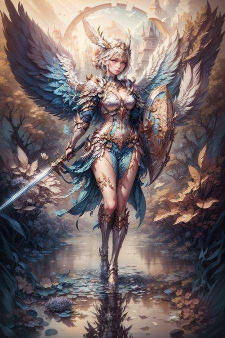 (((masterpiece))),best quality, illustration,beautiful detailed glow,paper_cut, <lora:KK_paperCut_v1:0.6>,1girl,solo, full body,colorful, <lora:AngelicWarriors_v1:0.6>,valkyrie,valkyrie armor,angel,armor,angel wings,winged headgear,bloom trees,water pool,holding sword,holding shield,  <lora:detailed_eye-10:0.6>,standing in water, beautiful face,  <lora:add_detail:1>