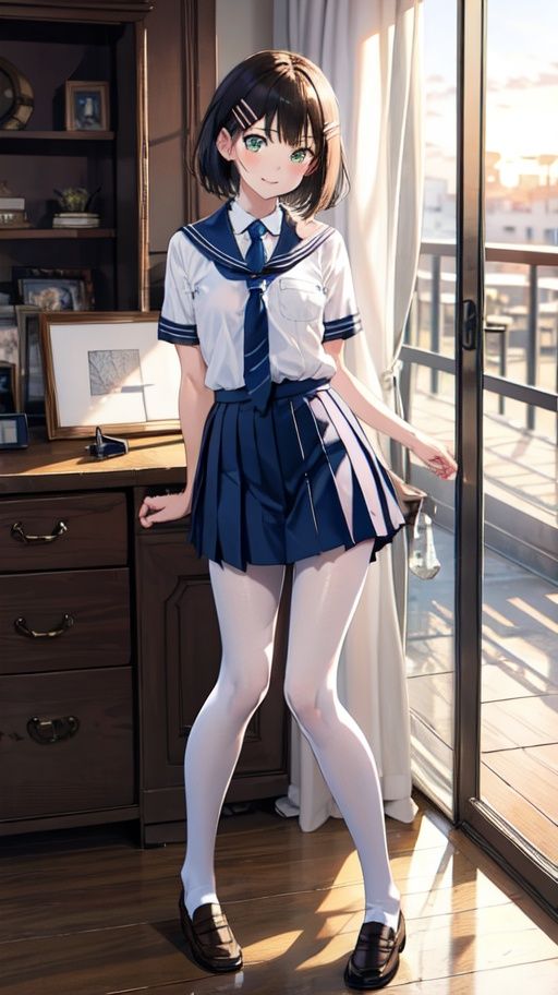 8K,Best quality,Real image,Intricate detail,Ultra detail,Ultra detail,Ultra high definition,Depth field,Masterpiece,Close up,Straight in shot,Straight in middle,1girl,innocent big eyes,(Brown_SHORT_hair),(GREEN_eyes:1),(bangs),(hairclip),perfect glossy skin,perfect skin,full body,legs,small breasts,thin waist,thin blush,solo,looking at viewer,bright smile,((school_uniform)),pleated skirt,(BLUE_Long_Tie),(white pantyhose),loafers,(Gravure pose:1.2),Sunset,Nippon High School,wsal, <lora:wsal:0.5>, <lora:yjk:0.5>