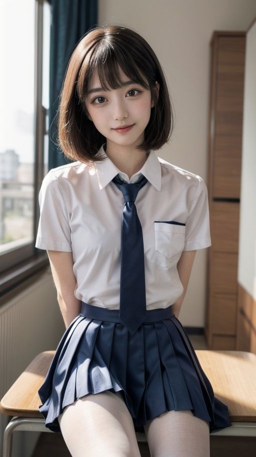 8K,Best quality,Real image,Intricate detail,Ultra detail,Ultra detail,Ultra high definition,Depth field,Masterpiece,Close up,Straight in shot,Straight in middle,1girl,full body,innocent big eyes,(Brown_SHORT_hair),(GREEN_eyes:1),(bangs),(hairclip),perfect glossy skin,perfect skin,legs,small breasts,thin waist,thin blush,solo,looking at viewer,bright smile,((school_uniform)),pleated skirt,(BLUE_Long_Tie),(white pantyhose),loafers,(arms behind back:1.2),Sunset,Nippon High School,wsal, <lora:wsal:0.5>, <lora:yjk:0.5>, <lora:add_detail:0.5>