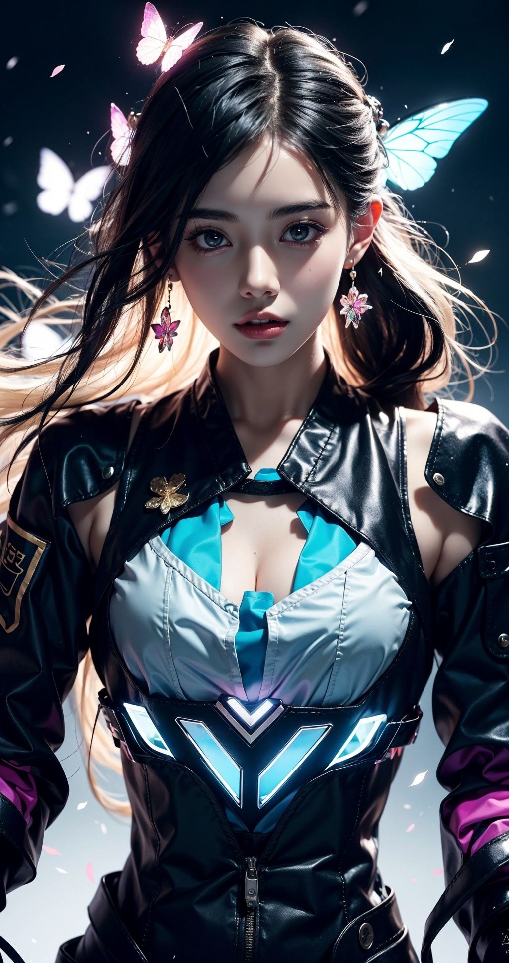 1girl,(solo:1.3),(((Hanfu))),cyberpunk,wearing Collectable Space Age Pearlescent Bracers, soft focus, Modern Art, key light,(((Glowing butterflies))), (((glowing jellyfish))),((( glowing crystals))), (glowing bubbles), (glowing headphones), (((glowing flowers))), starlight, Grayscale, glittering, runes, Light streaks, highly detailed, **K,(High contrast between light and dark:1.5),(((1girl))),solo,((Cyberpunk)),(realistic),(science_fiction),((glowing)),((perfect facial features)), ((delicate face)), beautiful eyes, neon lights,Cyberpunk Mechanical Clothing,Robotic arm, luminous clothing, long hair, luminous neon lights, (((multi light sources))), laser,( complex earphones), Future city street background, There are skyscrapers on both sides, illuminated signs, stores, Square, etc,((the best quality)), 16K, masterpiece, masterpiece, masterpiece, C4D rendering,closeup cleavage, ((High contrast between light and dark)), character edge light, ultra-high detail, high quality, multicolored hair, floating hair, Surrealism, cinematic lighting, ray tracing, UHD, highres, super detail, high details,Fashion Style