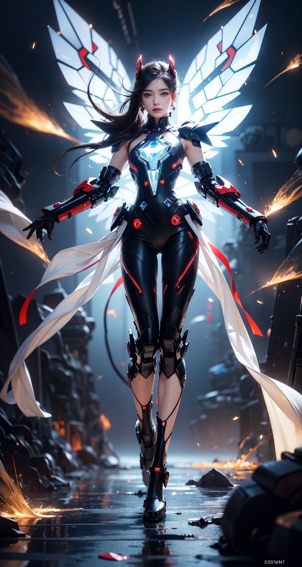 masterpiece,best quality,official art,highly realistic,1girl,full body mecha,folding fan,glass folding fan,delicate and lovely face,blue and red and white mecha,(glassy translucence:1.3),graceful poses,blink-and-you-miss-it detail,Sci-fi light effects,(Illuminated circuit board),,armor,flying hair,
