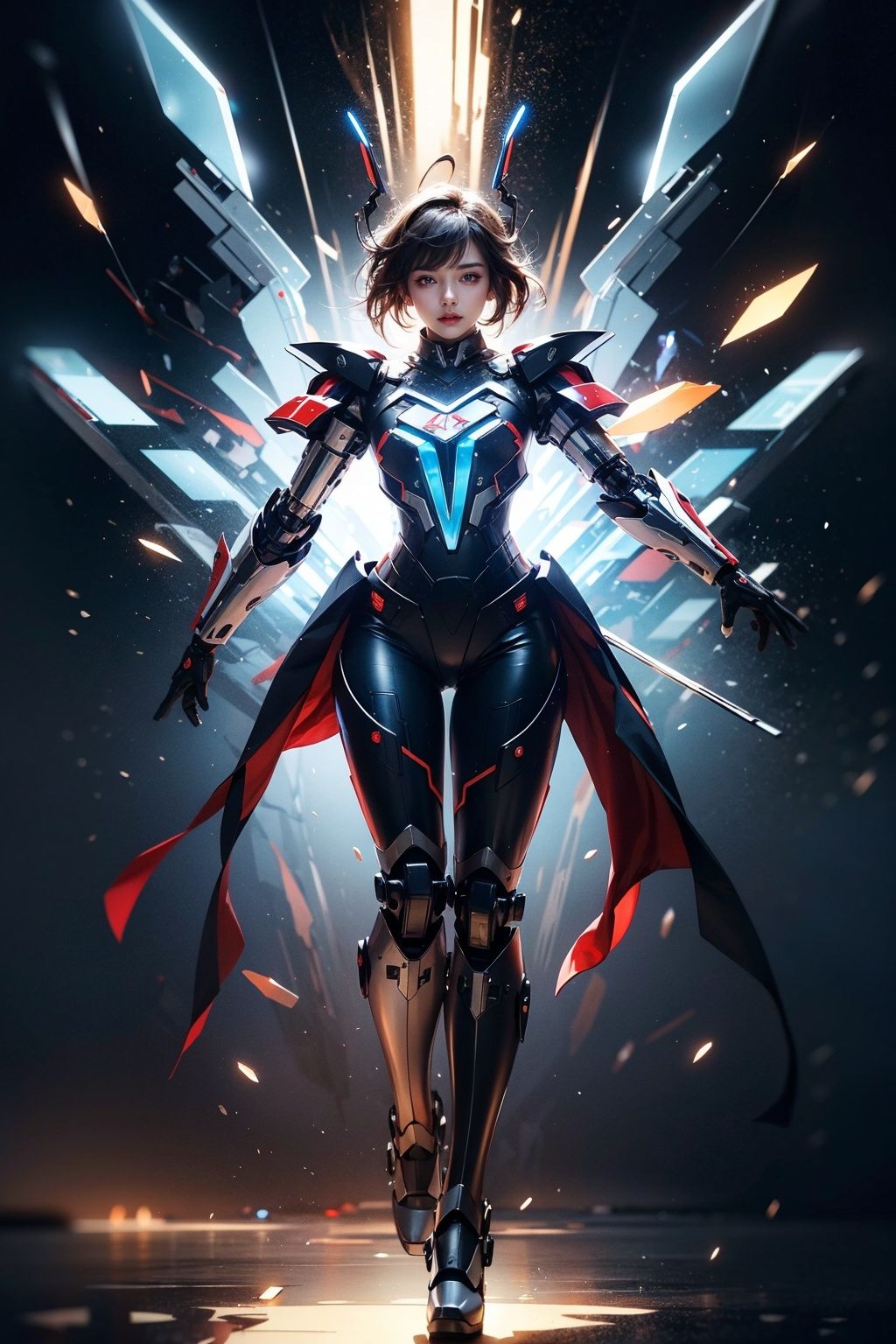 masterpiece,best quality,official art,highly realistic,1girl,full body mecha,folding fan,glass folding fan,delicate and lovely face,blue and red and white mecha,(glassy translucence:1.3),graceful poses,blink-and-you-miss-it detail,Sci-fi light effects,(Illuminated circuit board),,armor,flying hair,
