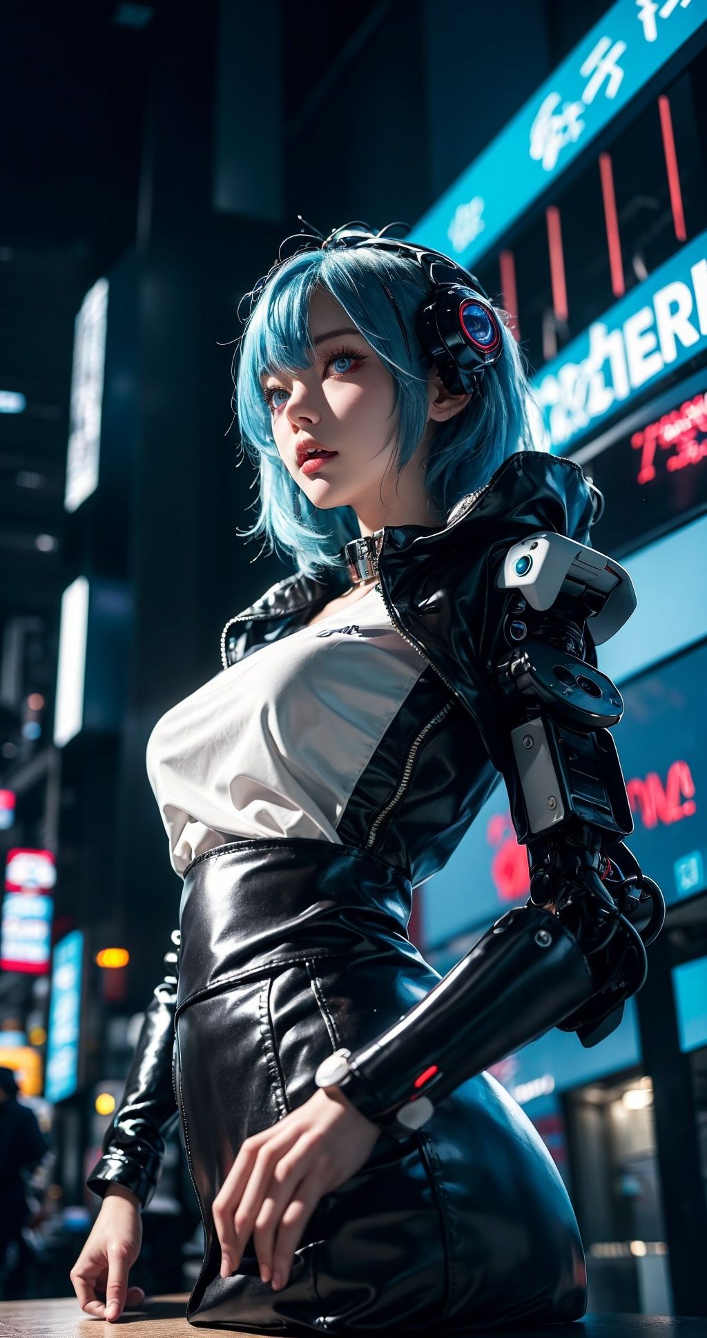 1 girl,solo,(Bright blue hair), white robot,Cyberpunk neon city night scene, from below, cowboy shot, bangs, (looking at viewer),Robot girl,