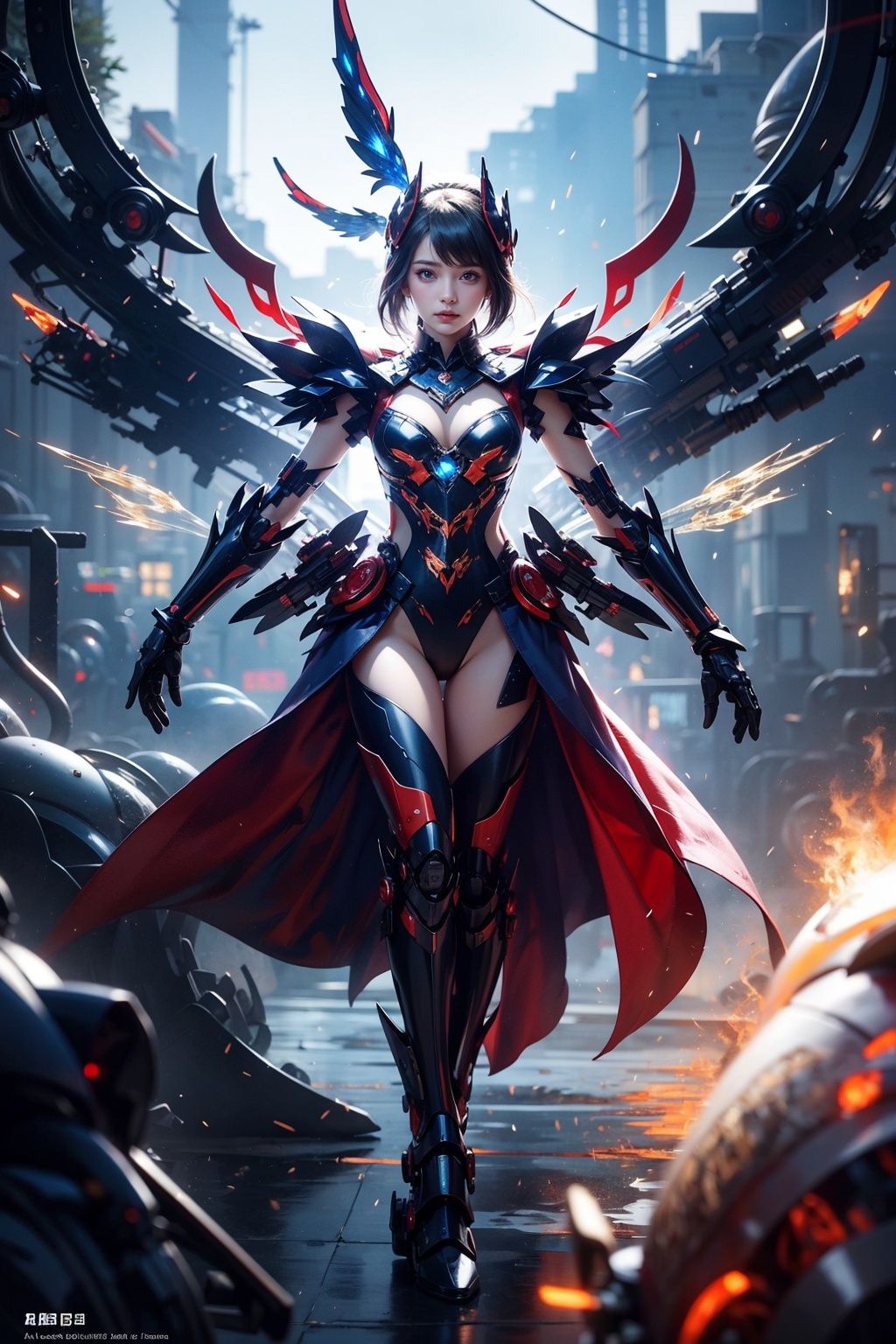 masterpiece,best quality,official art,highly realistic,1girl,full body mecha,folding fan,glass folding fan,delicate and lovely face,blue and red and white mecha,(glassy translucence:1.3),graceful poses,blink-and-you-miss-it detail,Sci-fi light effects,(Illuminated circuit board),,armor,flying hair,
