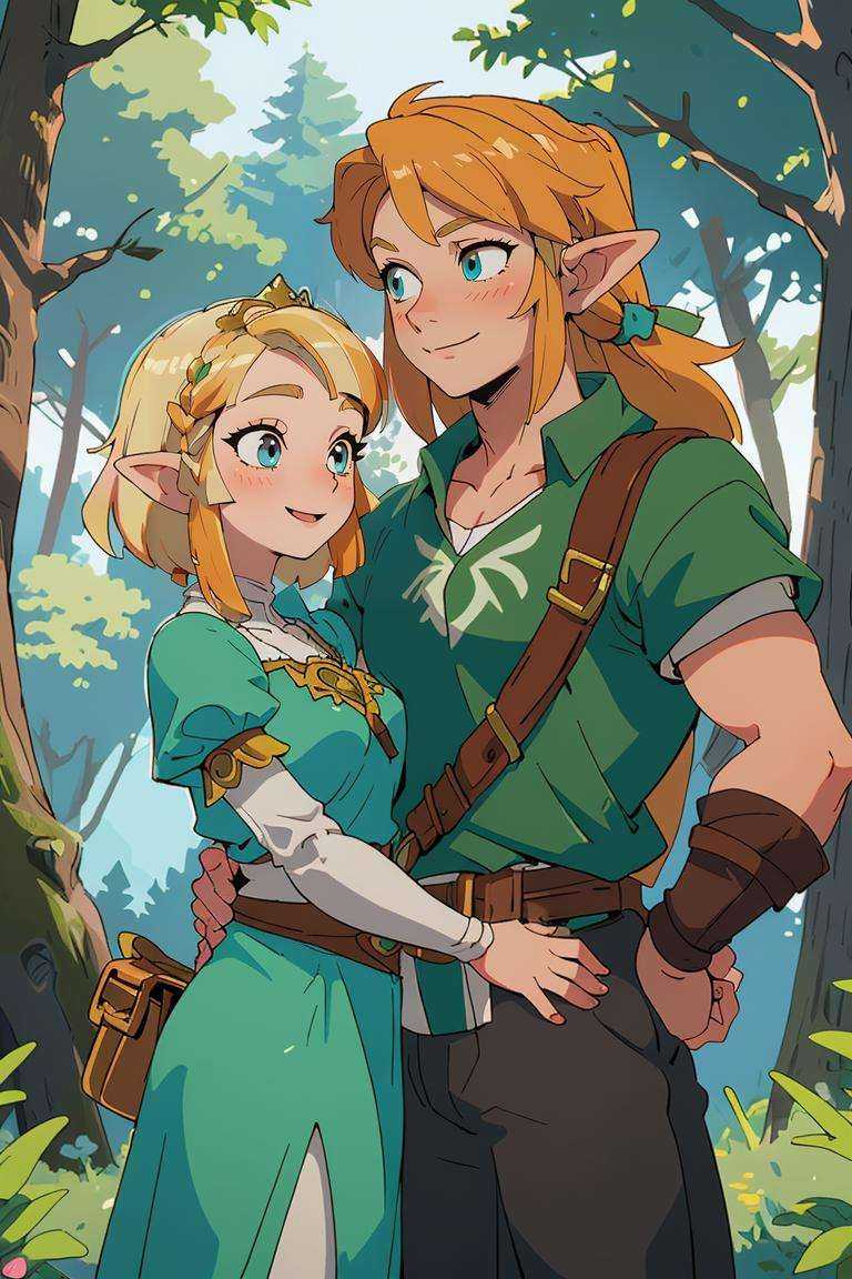 (masterpiece, best quality), (couple), princess zelda, link, happy, forest, blonde,